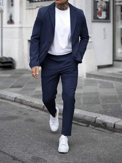Manfinity Mode Conjunto de chaqueta y pantalones de traje casual de negocios de unicolor de manga larga para hombres. Traje casual para hombres, traje formal para hombres.