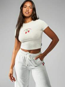 Missguided x Playboy 婴儿短款 T 恤夏季休闲棉质针织短袖短款家居服樱桃印花基本款运动时尚衬衫 - 灰色 - 查看 5