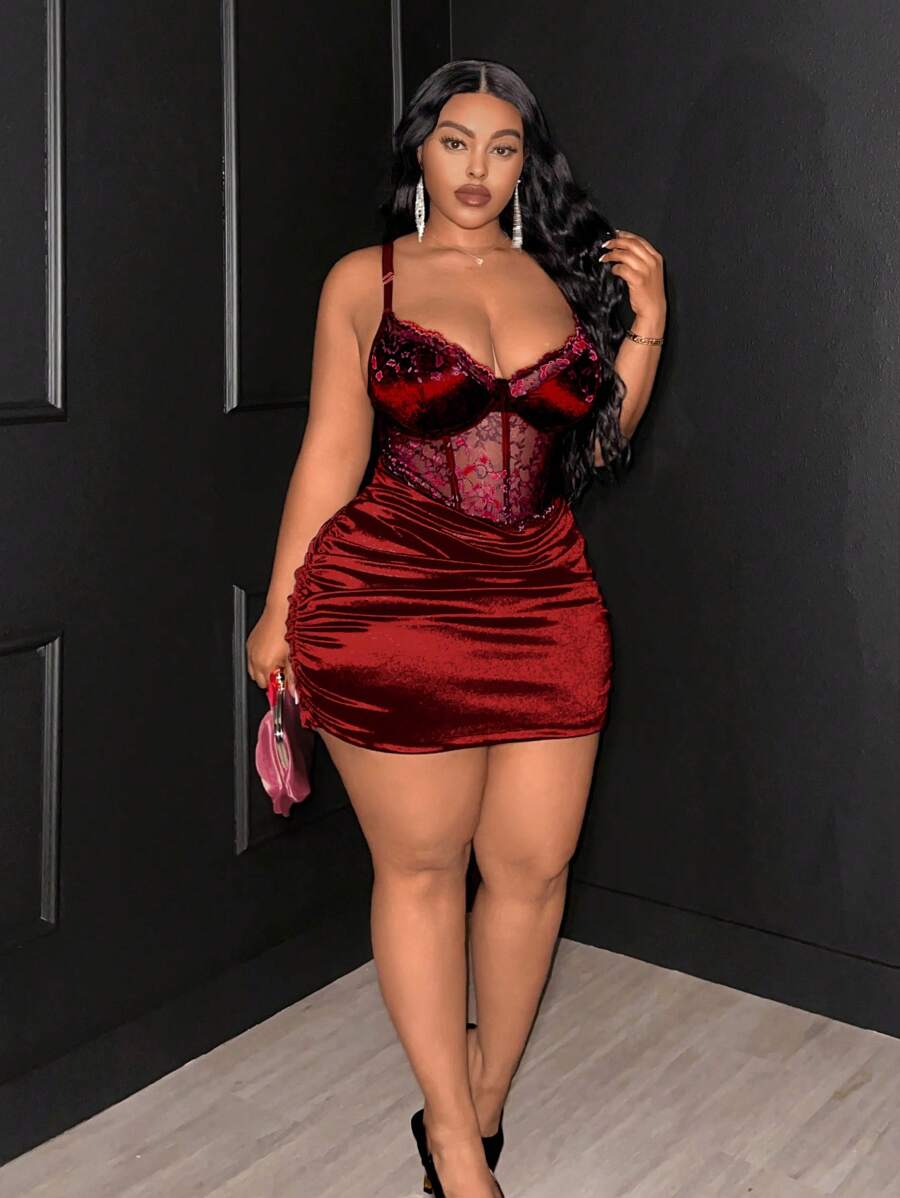 Maweii 大码女装春夏新年红色蕾丝性感镂空系带前卫法式休闲年轻时尚弹力针织百搭舒适打底连衣裙，性感社交假日装扮，红色连体衣，正式红色连衣裙，年轻优雅性感拼接性感女式上衣，性感假日装扮，社交红色上衣，红色连体裤，红色连体衣，修身透视露肩纯色打底衫 - 紅色 - 查看 1