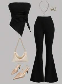 SHEIN Girlism 2pcs/Set Tween Girl Casual Cropped Ruched Asymmetrical Hem Tube Top And Flared Pants, Concert Outfit