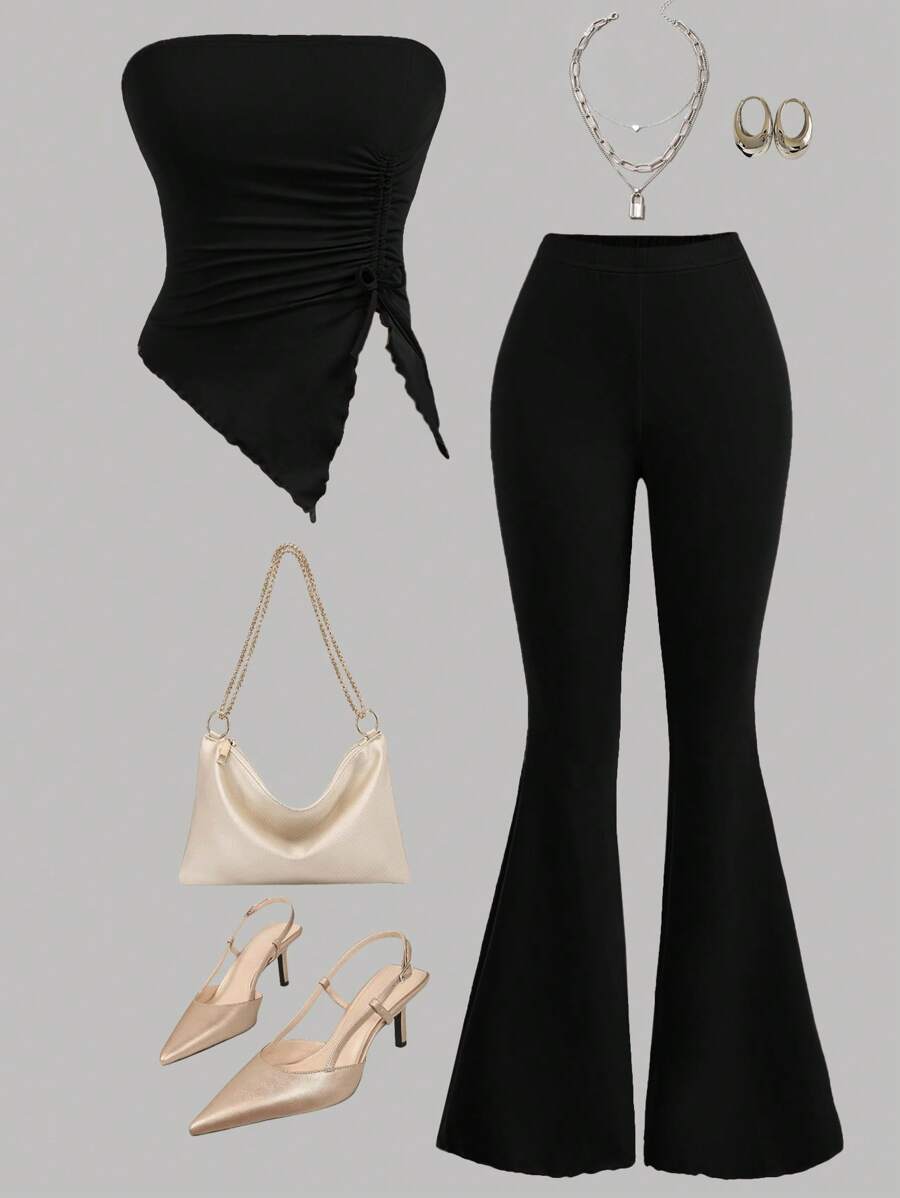 SHEIN Girlism 2pcs/Set Tween Girl Casual Cropped Ruched Asymmetrical Hem Tube Top And Flared Pants, Concert Outfit