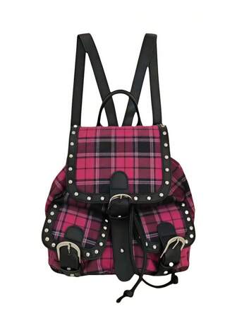 Grunge Punk Britischer College Stil rosa karierter Nieten-Rucksack mit Kordelzug und Mehrfachtaschen, personalisierter modischer lässiger und süßer Mehrzweck-Rucksack mit großer Kapazität, geeignet für Schule, Lässig, Einkaufen, Fotografie