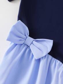 Genkimix Kids Young Young Girl Blue Comfy Round Neck Short Sleeve Patchwork Cute Casual Academy Style Bowknot Decor Dress