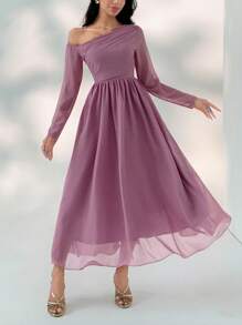 DAZY Elegant Summer Solid Color Asymmetrical Shoulder Mid-Length Dress For Women