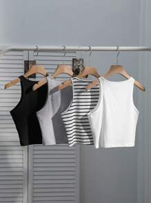 SHEIN EZwear 4 chiếc áo ba lỗ in họa tiết nơ anh đào sọc thường ngày dành cho nữ, đa năng và gợi cảm cho kỳ nghỉ hè và bãi biển Áo crop top Áo crop top dễ thương Áo crop top anh đào Áo crop top sọc - Nhiều màu - Xem 2