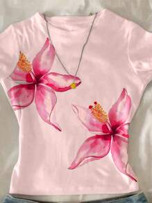 SHEIN Girls Short Round Neck Short Sleeve T-Shirt, Lily Floral Print Design, Stylish And Cute, Suitable For Spring/Summer - Pink - View 3