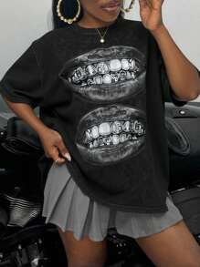 ROMWE Street Life 朋克街头风格随机雪花唇印图案 T 恤 - 黑色 - 查看 3