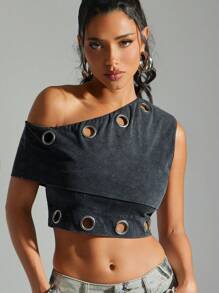 Denimoi Asymmetrical Neck Eyelet Hardware Crop Top - Black - View 2
