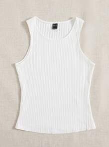 SHEIN EZwear Summer Outfits Solid Rib Knit Tank Top - White - View 3