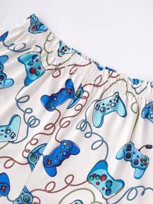 Set de 2 piezas de pijama para hombres jóvenes compuesto por camiseta de manga corta con gráfico de letras casual y pantalones cortos con estampa de videojuego