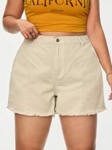 SHEIN EZwear 大码女式磨边休闲纯色高腰宽松牛仔短裤，夏季 - 杏色 - 查看 3