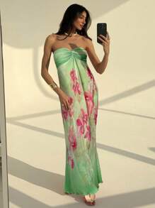 Aloruh 浪漫约会露肩扭褶花卉印花连衣裙，春夏季女士 - 彩色 - 查看 6