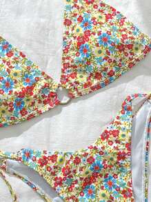 SHEIN Swim 女士碎花吊带前系性感比基尼套装，夏季沙滩泳衣 - 彩色 - 查看 4