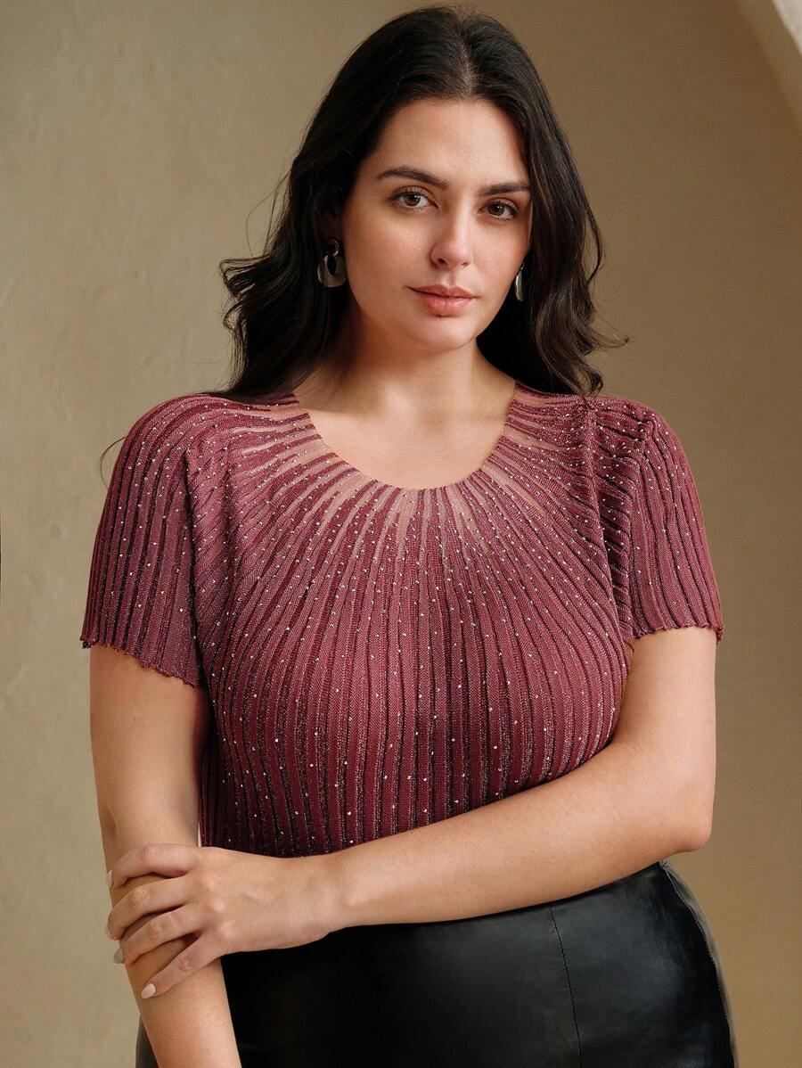 Anewsta 闪亮水钻装饰半透明优雅针织短袖上衣T恤衬衫