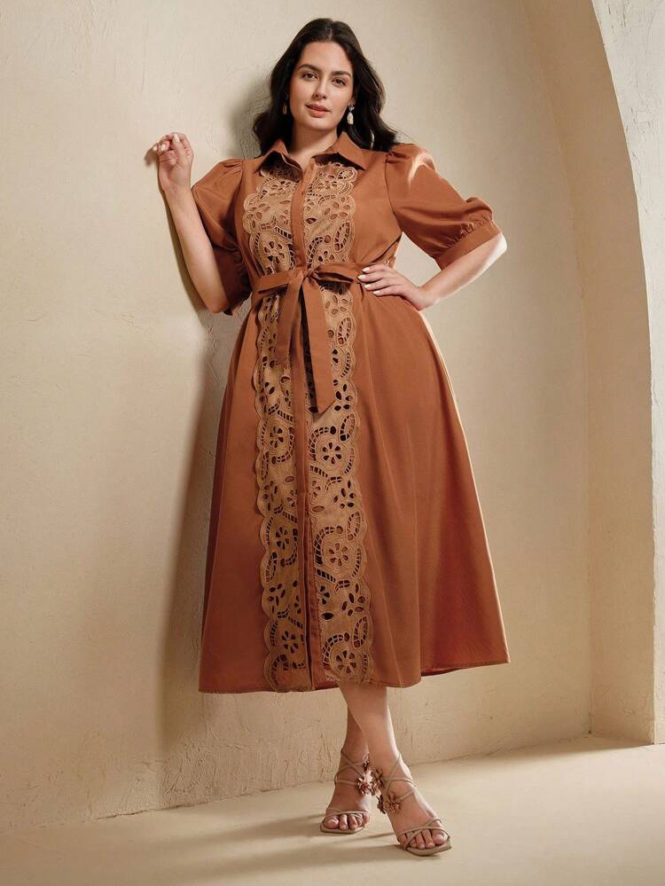 Plus Size Women Lace Trim Open Front Waist Cinched Dress, Spring/Summer