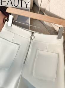 GlowEve 女士休闲纯色拉链前口袋短裤，夏季 - 白色 - 查看 4