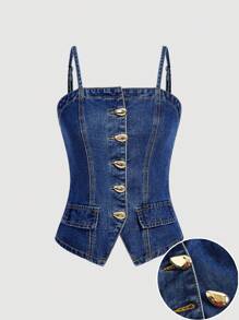 Selenza 女式夏季休闲前扣式肩带牛仔吊带背心 - 藍色 - 查看 5