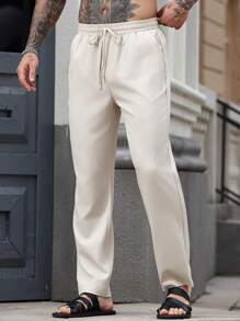 Manfinity Homme Men's Solid Color Drawstring Waist Pockets Casual Pants, Versatile - Apricot - View 4