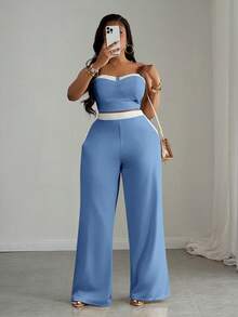 Slaydiva Bộ đồ đôi mùa hè dành cho nữ cỡ lớn, gồm áo quây croptop phối màu sau lưng và quần ống rộng có túi xéo, màu xanh dương nhạt, màu xanh nhạt, bộ đồ đôi màu xanh dương thanh lịch. - Màu xanh lam - Xem 3