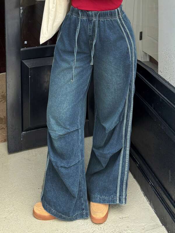 DAZY 拼接松紧腰宽松直筒破洞长款牛仔裤，适合所有季节