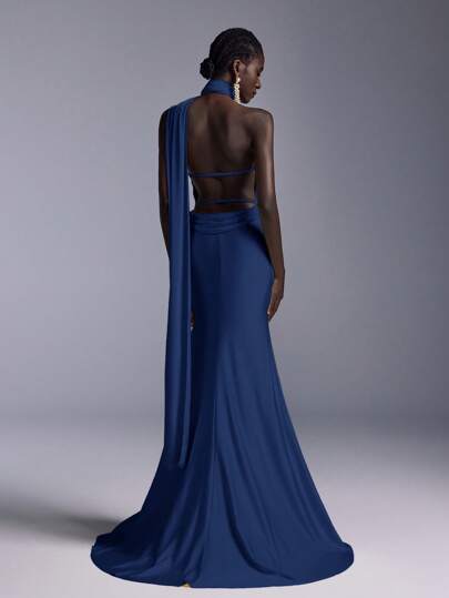 Elitara Vestido largo de sirena minimalista con espalda abierta y ajustado, adecuado para fiestas de noche y ocasiones formales