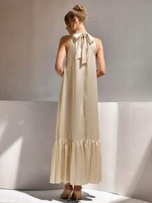 CLARA VERO Sleeveless Solid Color Ruffle Hem Tie Waist Elegant Dress - Beige - View 2