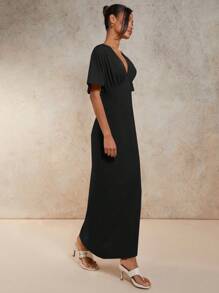 COSMINA 女士纯色深 V 领褶饰蝙蝠袖连衣裙 - 黑色 - 查看 5