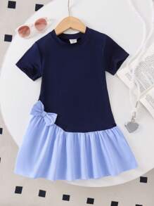 Genkimix Kids Young Young Girl Blue Comfy Round Neck Short Sleeve Patchwork Cute Casual Academy Style Bowknot Decor Dress