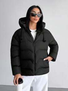 EURMUSE Casual Style, Keep Warm Feature Waterproof Long Line Patch Pocket Detailed Padded Coat - Black - View 9