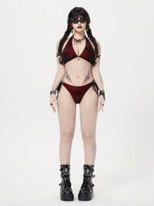 ROMWE Goth Women's Spider Web Print Halter Backless Bikini Set, Halloween - Multicolor - View 4