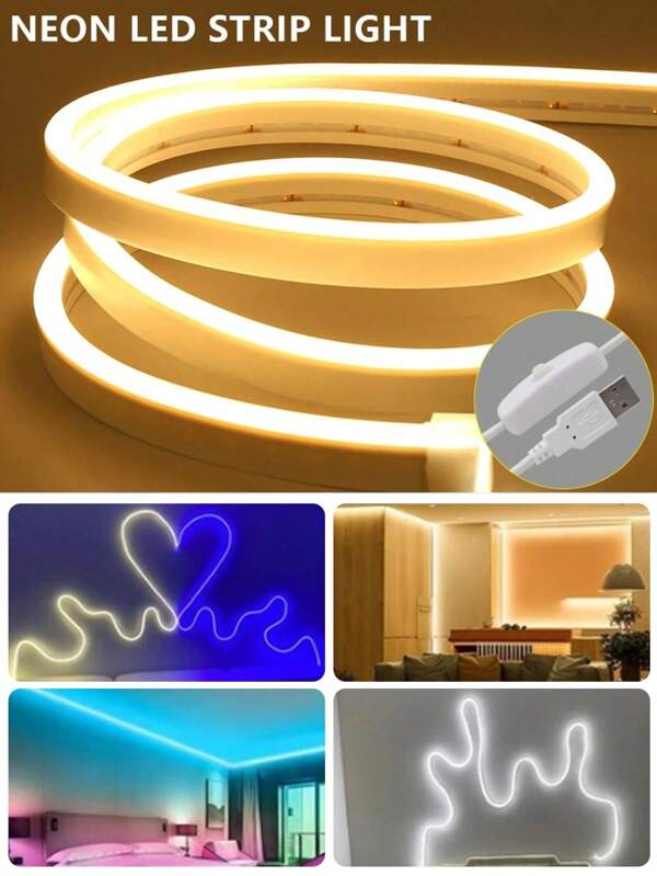 1 Roll Of 0.5/1/2/3/5m USB 5V Flexible Neon Light Strip, Solid Color Button Switch LED Strip Light, Suitable For Bedroom, Living Room, Bathroom, Party And Outdoor DIY Decoration
