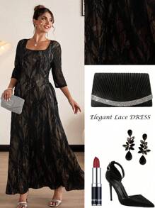 SHEIN Clasi Plus Size Romantic And Elegant Square Collar Side Strap Design Black Lace Dress,Lace Dress - Black - View 1