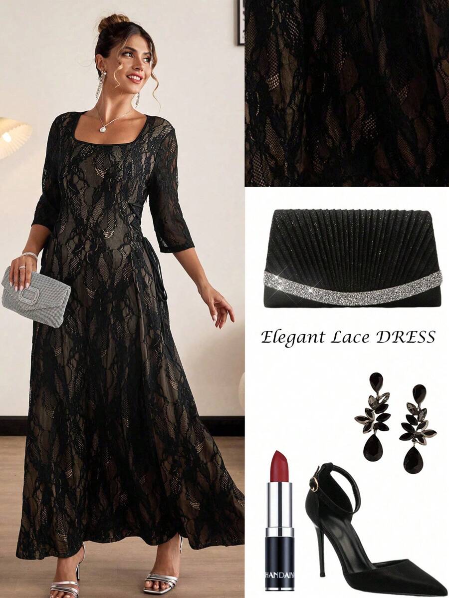 SHEIN Clasi Plus Size Romantic And Elegant Square Collar Side Strap Design Black Lace Dress,Lace Dress - Black - View 1