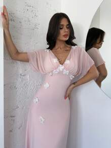 Firerie 女士优雅浪漫约会休闲假日海滩下午茶粉色网眼 V 领花卉装饰束腰 A 字长裙 - 淺粉色 - 查看 7