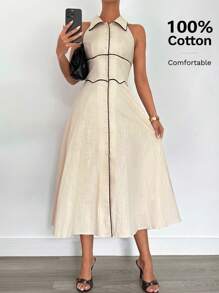 Siren Gaze 女式 100% 纯棉衬衫领无袖撞色边喇叭中长连衣裙，女士亚麻服装 - 杏色 - 查看 6