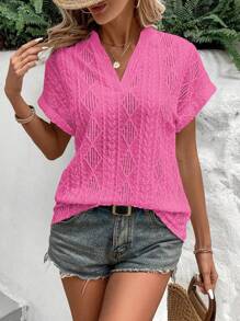 SHEIN LUNE Suéter de mujer de manga corta con cuello en V, de unicolor, tejido jacquard - Rosa Fucsia - Ver 6