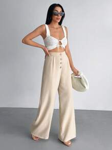 EURMUSE Women Solid Color Button Front And Pocket Detailed Wide Leg Pants Women Summer Clothing Women S Bottoms Women Clothing Summer Outfits - Flint Stone - View 6