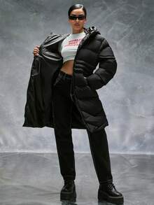 CasuGlow Áo khoác dài mùa đông có mũ trùm đầu màu trơn có túi và khóa kéo cho nữ - màu đen - Xem 8