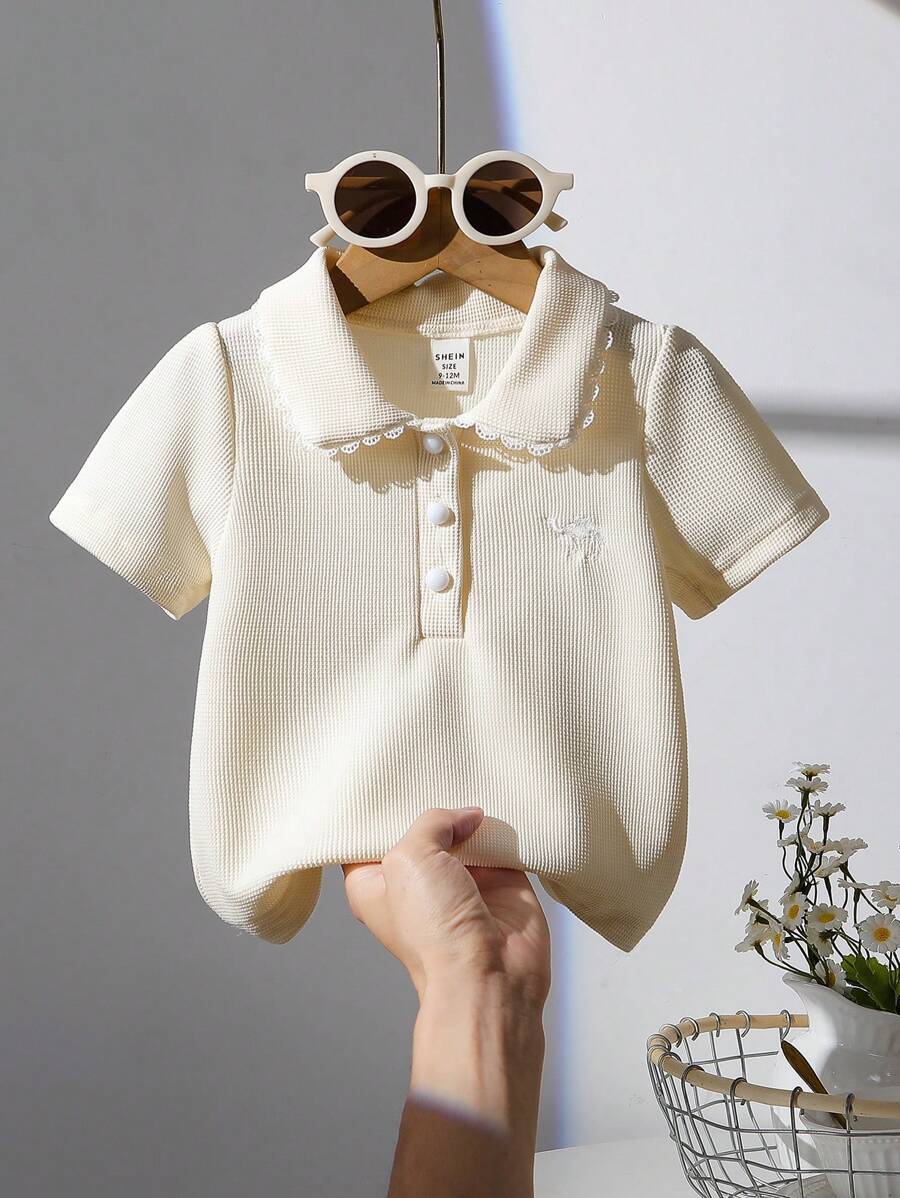 SHEIN Baby Girl Embroidery Design Short Sleeve Casual Polo Shirt, Spring/Summer Cream Baby Girl Outfit