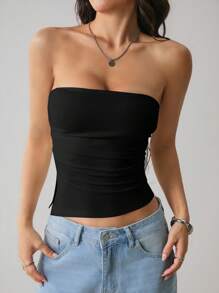 SHEIN PETITE Top tubo ajustado con abertura lateral de unicolor para mujer, de verano