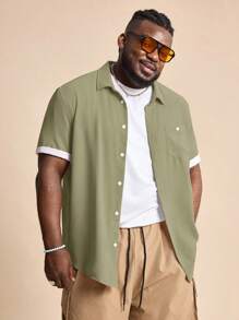 EASEVO 大码休闲短袖梭织衬衫 - 橄欖綠 - 查看 3