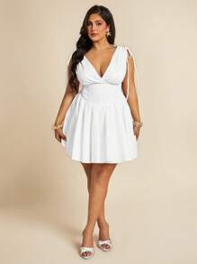 SHEIN BAE Đầm dự tiệc bồng bềnh cổ chữ V có dây rút vai cỡ lớn cho nữ, màu trắng, váy dự tiệc sinh nhật - trắng - Xem 4