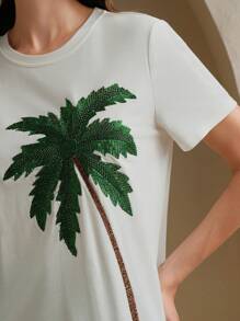 Anewsta 女士时尚度假优雅海滩椰子树亮片刺绣装饰 T 恤，适合夏季节日外出度假 - 綠色 - 查看 2