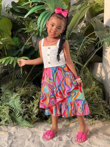 SHEIN Set de 2 piezas para niñas jóvenes compuesto por top de tirantes blanco con botones falsos y falda asimétrica con estampado floral, conjunto casual y de moda para niña preadolescente en verano para exteriores