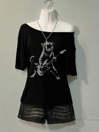 Attitoon Camiseta casual y sencilla de mujer con hombros caídos, adecuada para el verano, con estampado de rock, gato y guitarra