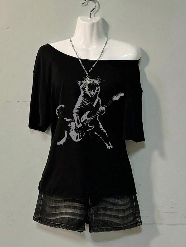 Attitoon Camiseta casual y sencilla de mujer con hombros caídos, adecuada para el verano, con estampado de rock, gato y guitarra