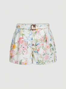 SHEIN MOD Plus Size Women's White Summer Boho Casual Shorts With Belt,Hollow Out Floral Printed,Perfect For Holiday,Beach Vacation,Picnic,Date,Festival & Party - Multicolor - View 4