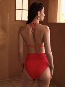 MOTF PREMIUM Bikini estivo con bustino arricciato, schiena scoperta e allaccio dietro il collo di colore unito