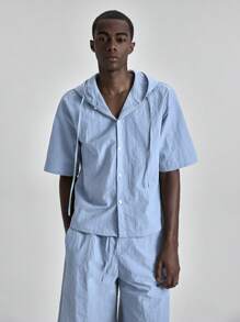 Ontre Men Summer Solid Color Casual Hoodie Short Sleeve Shirt, Suitable For Independence Day, St. John's Day, Graduation, Daily Wear, Vacation, Beach Resort,Commuting - Blue - View 5