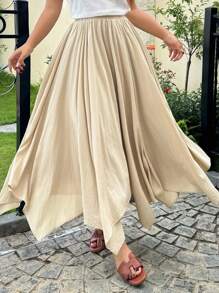 Dazy Plus Váy suông màu trơn cạp chun viền không đối xứng dáng rộng rãi thanh lịch - Màu be - Xem 4